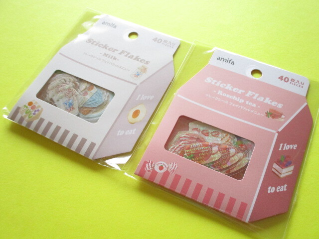 Photo1: Set of 2 packs Sticker Flakes Sack Set Favorite Menu amifa *Rosehip Tea & Milk (108613)