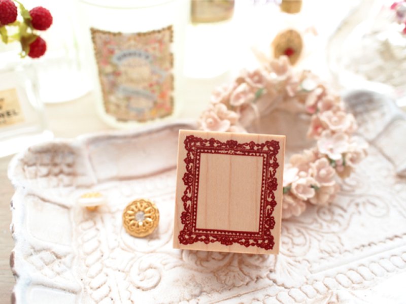 Photo1: Antiq​ue Frame Wood Mounted Rubber Stamp From Cui (1)