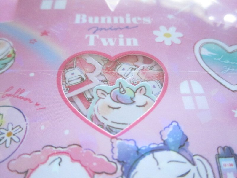 Photo1: Kawaii Cute Sticker Flakes Sack Q-LiA *Bunnies Twin (61081)