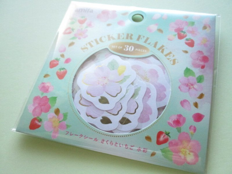 Photo1: Kawaii Cute Sticker Flakes Sack Amifa *Cherry blossom Sakura & Strawberry (113860) (1)