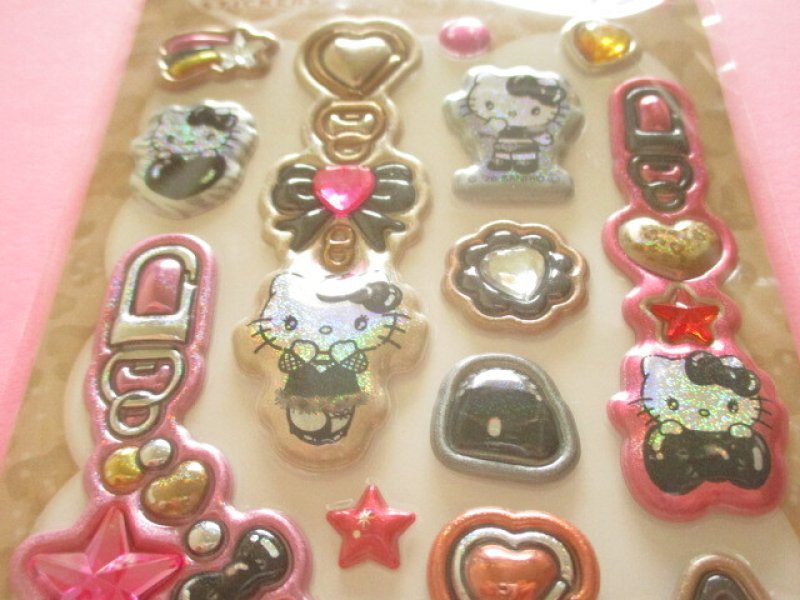 Photo1: Kawaii Cute Puku Kira Charm Stickers Sheet Sanrio *Hello Kitty /Black Ribbon (137733)