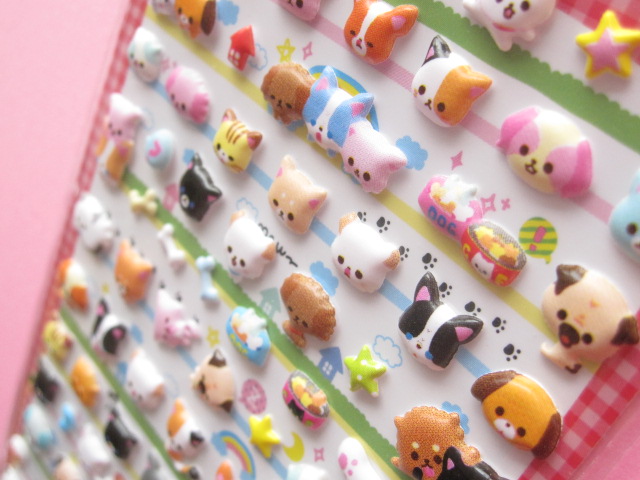 Photo: Kawaii Cute Puffy Sticker Sheet Q-LiA *Petit Dog & Cat (91420)