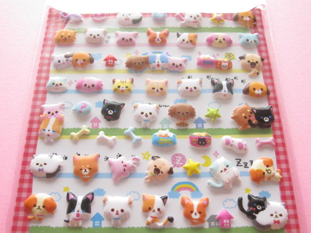 Photo: Kawaii Cute Puffy Sticker Sheet Q-LiA *Petit Dog & Cat (91420)