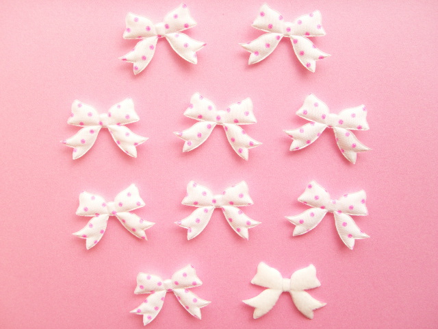 Photo1: 10 pcs Kawaii Cute Craft Supplies Padded Ribbon Bow Applique Polka Dots White